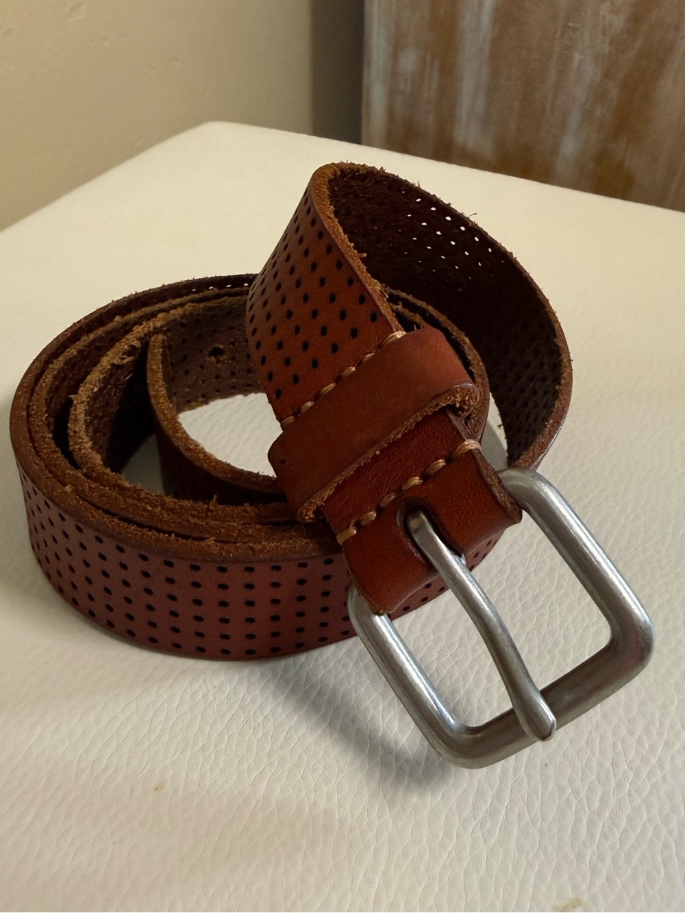 Perforated Brown Leather Belt with Brushed Silver Buckle